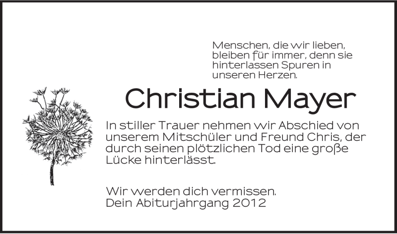  Traueranzeige für Christian Mayer vom 03.10.2012 aus Pegnitz-Zeitung